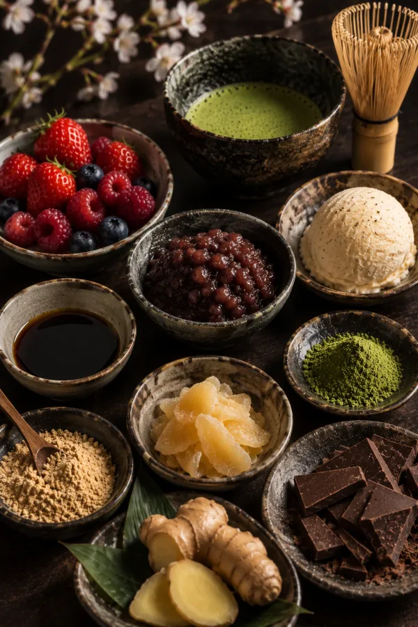 Sobremesa de encerramento do Omakase 18 Anos: matcha, frutas vermelhas, anko, sorvete e chocolate